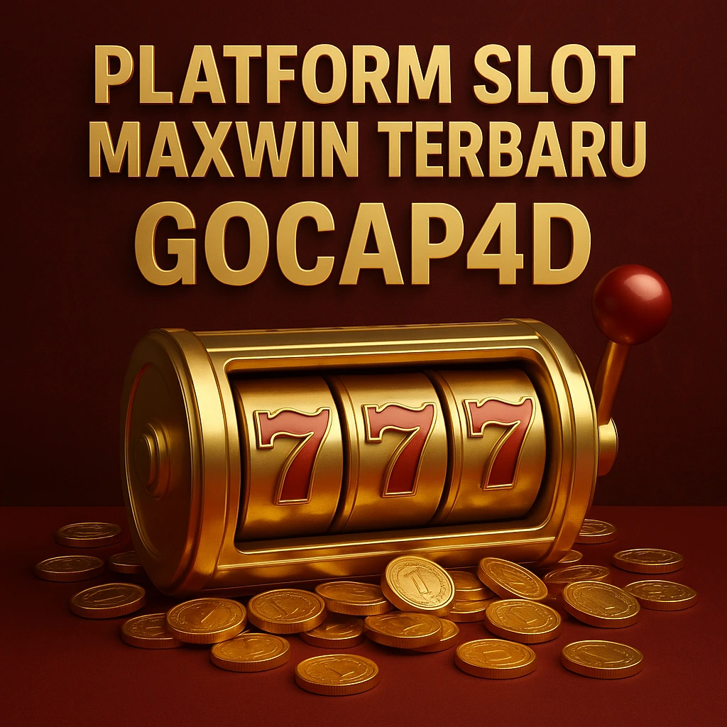 Slot machine emas dengan kombinasi 777 dan tulisan Platform Slot Maxwin Terbaru GOCAP4D, dikelilingi koin emas berlatar merah marun.