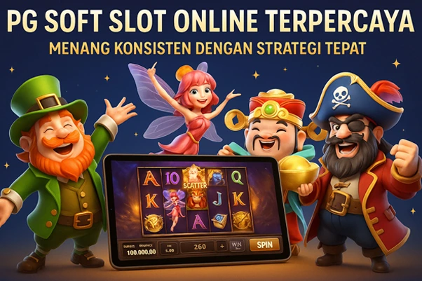 Ilustrasi 3D mewah permainan PG Soft Slot Online terpercaya dengan tampilan mockup modern dan elemen kemenangan besar.