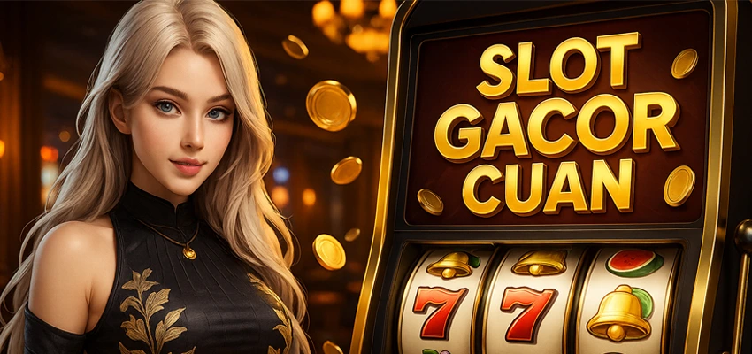 Ilustrasi 3D wanita elegan di depan mesin slot gacor cuan dengan nuansa jackpot dan fitur scatter aktif.